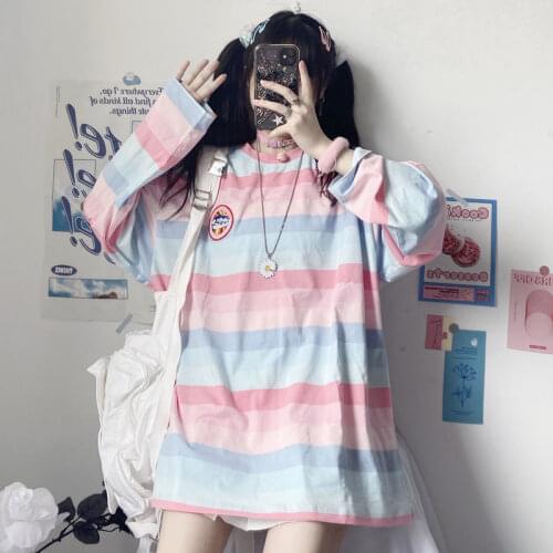 New long-sleeved soft sister rainbow pink striped T-shirt cute student lazy Korean style ins Japanese girl Harajuku streetwear