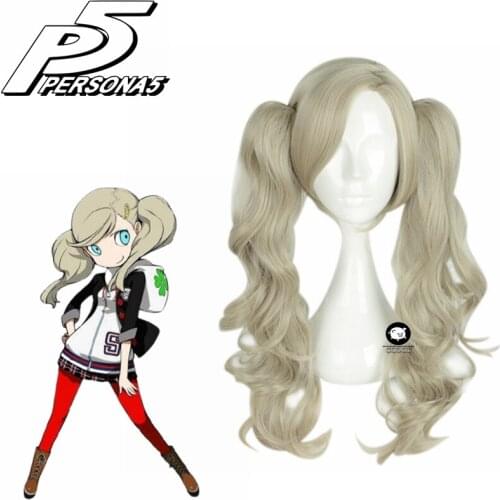 P5 Persona 5 Anne Takamaki Long Curly Linen Cosplay Costume Wig With Ponytails Heat Resistant Synthetic Hair Wigs + Wig Cap