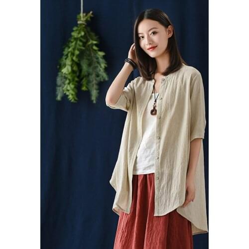 QPFJQD 2021 Summer Single Breasted Irregular Shirts Loose Casual Women Cotton Linen Stand Collar Blouses Solid Color