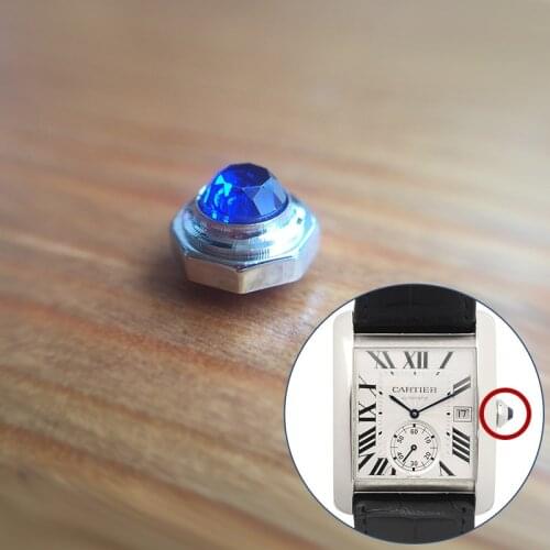 Blue sapphire crystal+steel watch crown for Cartier Tank MC Small Seconds man 34.3X44mm automatic machine watch parts tools