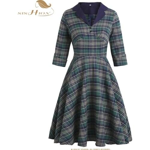 SISHION Retro 50s 60s Plaid Women Dresses Turn-down Collar Green Vintage Style Rockabilly Dress SP1317 Ladies A Line Dresses