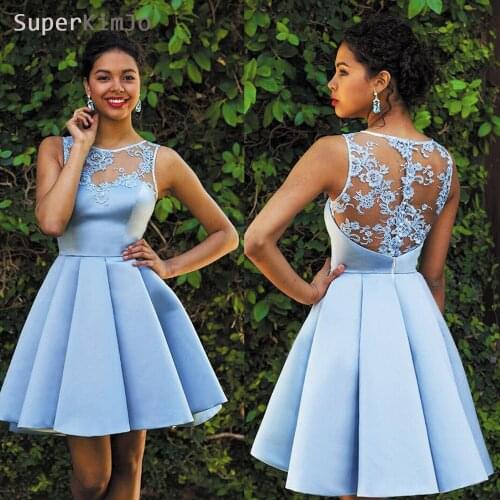 SuperKimJo Cheap Graduation Dresses 2020 Blue Lace Applique Homecoming Dresses Short Prom Dress Vestidos De Festa Curto