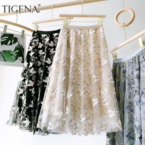 TIGENA Midi Long Lace Tulle Skirt Women Fashion 2021 Elegant Butterfly Embroidery A Line High Waist Mid-length Mesh Skirt Female