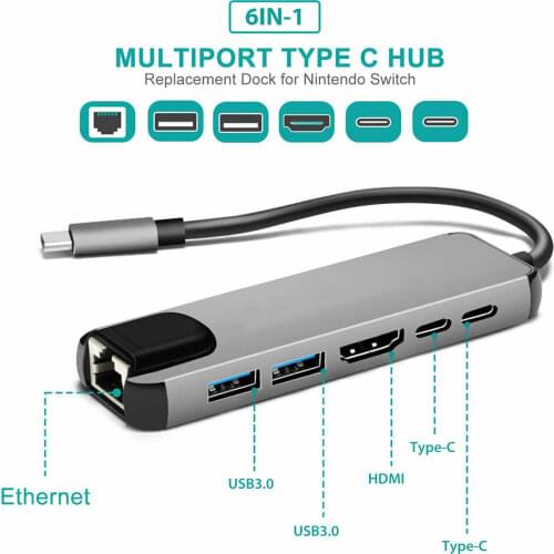 New USB 3.0 / 3.1 HUB Type C To HDMI-Compatible RJ45 PD Multi Adapter Dock Splitter 6 Ports For Laptop Macbook Pro Accessories