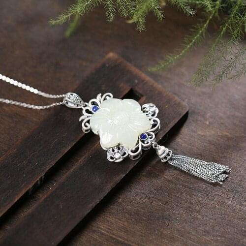 Vera Polaroid S925 Pure Silver Retro Mosaic and Hotan Jade White Jade Bat Liusu Ms. sweater chain pendant wholesale