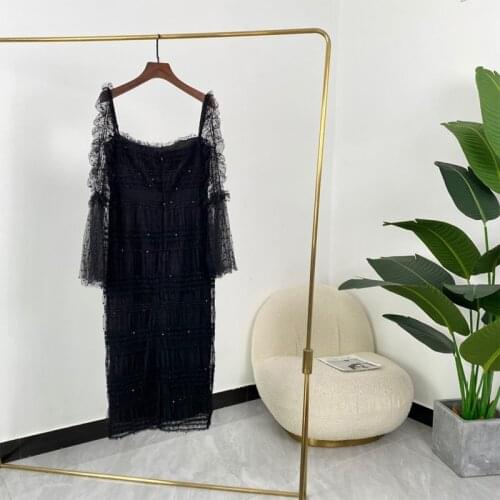 Spring Autumn High Quality Ladies Long Flare Sleeve Bodycon Sexy Black Mesh Dresses