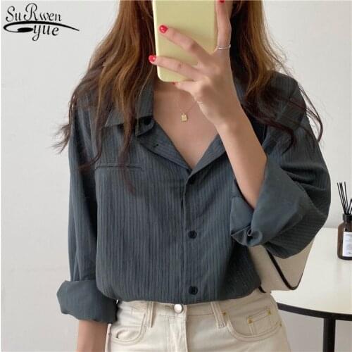 Vintage Shirt POLO Collar Fashion Striped Shirts Women Long Sleeve Blouse Office Lady Tops Korean Autumn Retro Clothes 11811