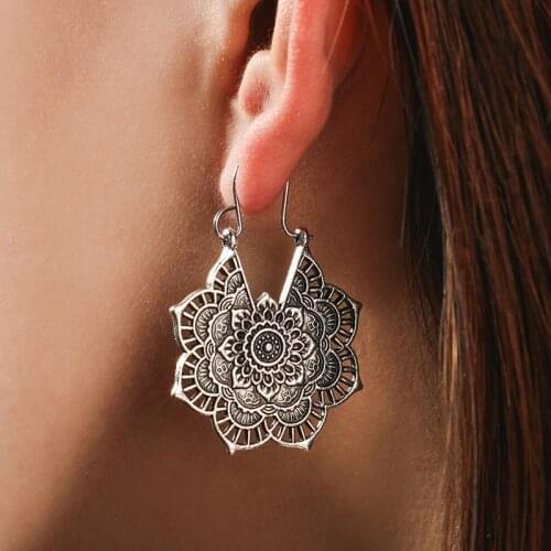 Tocona Bohemia Vintage Carve Mandala Flower Gold Silver Color Drop Dangle Earring For Women Girl Antique Hollow Jewelry 5123