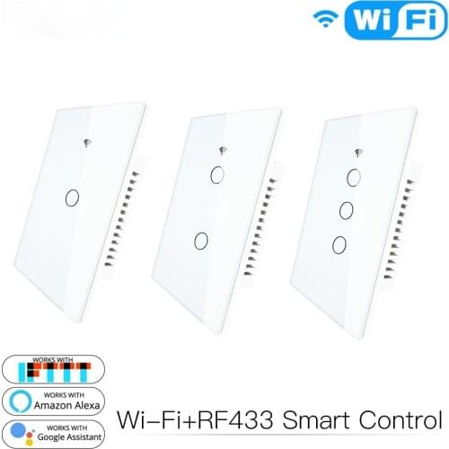 WiFi Smart Wall Light Switch Glass Panel RF433&Wi-Fi Smart Life Tuya APP Remote Control Works With Alexa Google Home 1/2/3 Gang