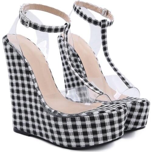 Super High Heels Sexy Party Shoes Fashion Gingham Thick Bottom Wedges Women Sandals Transparent PVC Ankle Strap Lady Shoes 2021