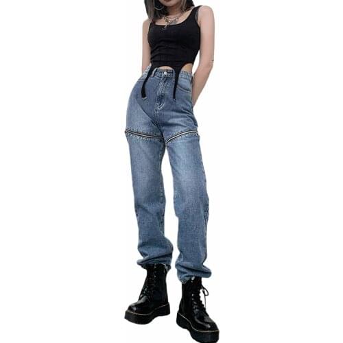 Women’s Korean Straight Jeans Personality Solid Color Zipper Stitching High-waist Denim Pants