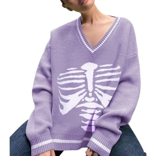 Women Fashion V Neck Sweaters 90s E-girls Classic Long Sleeve Skeleton Print Loose Fit Knitted Tops Loose Pullovers Knittedwear