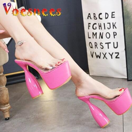 Sexy Pole Dance Transparent Sandals New Strange Style Chunky Heel High Heels Nightclub Platform Buckle Strap Crystal Women Shoes