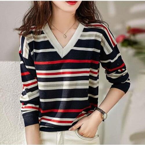 Gkfnmt Women Sweater 2021 New Fashion Striped V-Neck Autumn Winter Pullover Slim Knitted Sweaters Long Sleeve Casual Chic