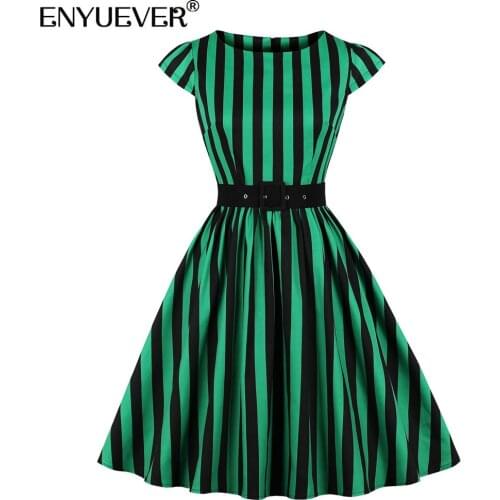 Enyuever Striped Vintage Dresses 50s 60s Retro Women Summer Casual Clothes Cotton Robe Pin Up Swing Plus Size Rockabilly Dress