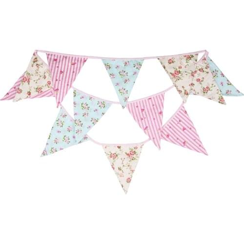 3.5m 12 Flags 17*22*22cm Cotton Pink Blue Flower Banner Pennant Garland Kids Baby Shower Birthday Bunting Wedding Party Decor