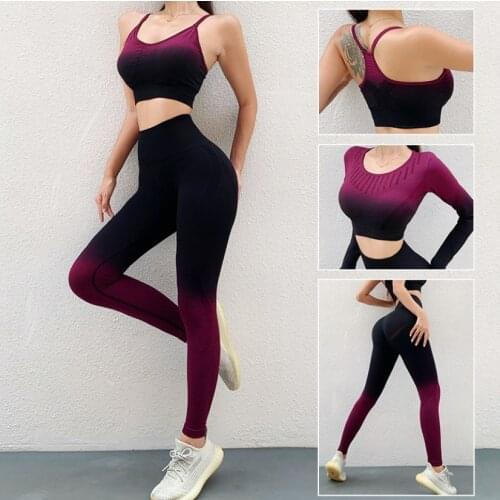 3Pcs Gradient Ramp Seamless Yoga Set Women Workout Sportswear Gym Clothing Fitness Long Sleeve Crop Top High Waist Leggings Vest
