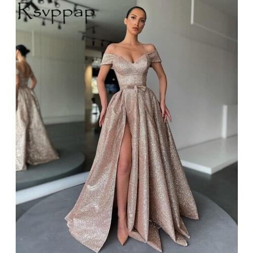 Long Evening Dresses 2021 Elegant Sweetheart Neck With Cap Sleeves High Slit Sparkly A-line Party Dress Women Formal Gowns