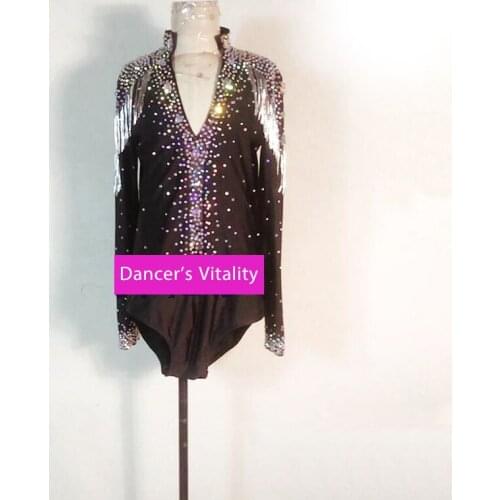 Latin Dance Boys High-End Body Suit Competition Clothes Adult Black Stage Performance Clothing AB Diamond New Onesies
