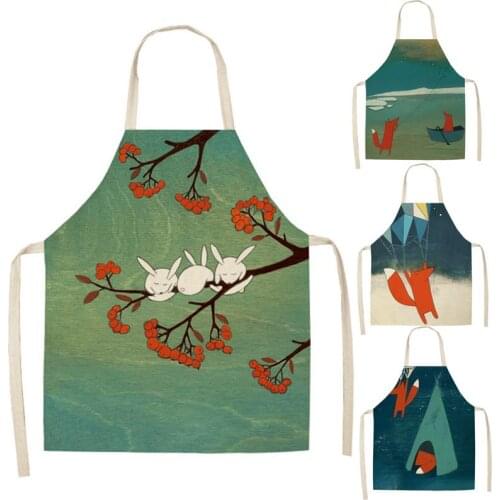 Linen Nordic Cute Fox Aprons Unisex Dinner Party Cooking Bib Funny Pinafore Cleaning Apron Cleaning Kitchen Accessory WQ19