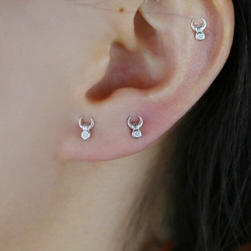 Minimal Single CZ Stone Sun Moon Stud Earrings OX Horn Style 100% 925 Stealing Silver Ear Stud Delicate Girl Women Party Jewelry