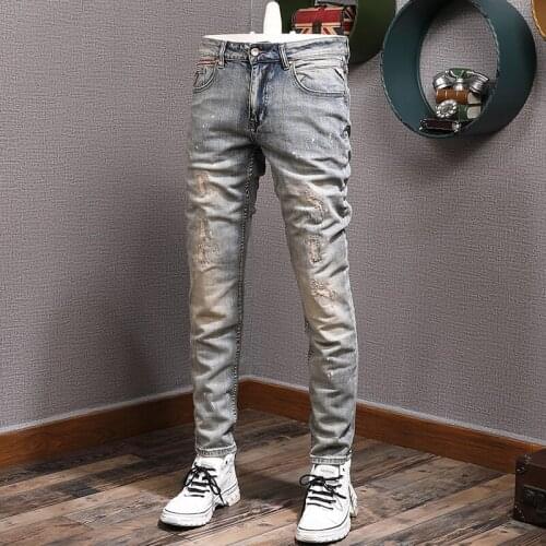Italian Style Fashion Men Jeans Retro Blue Gray Elastic Slim Ripped Jeans Men Patchwork Designer Hip Hop Splashed Denim Pants