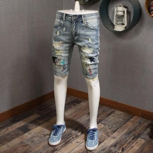 Geometric Embroidery Ripped Denim Shorts Men Summer Fashion Light Blue Short Jeans Men Straight Slim Fit Denim