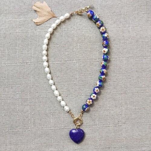 Hand-made exquisite blue heart pendant necklace exquisite cloisonne beads bohemian jewelry beautiful choker gift for ladies