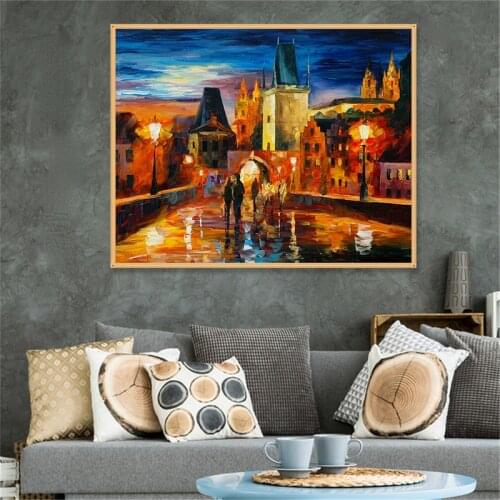 Prague Oil Painting on Canvas Night Landscape Wall Decoration Maison Home Decor Gift