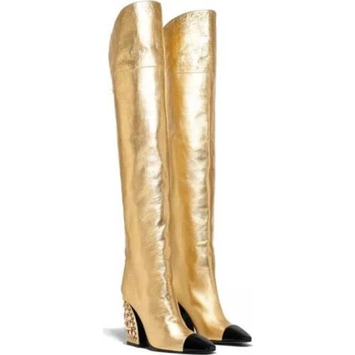 2020 Gold Thigh High Boots Women Sexy Rhinestone Pearls Chunky High heels Party Shoes Woman Winter Cowboy Long Boots Leather