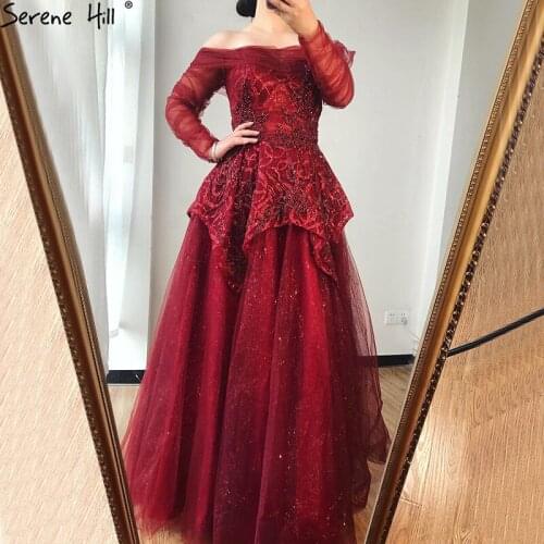 Serene Hill Burgundy A-Line Evening Dress 2020 Dubai Beading Long Sleeves Formal Party Wear Gown Design CLA70692