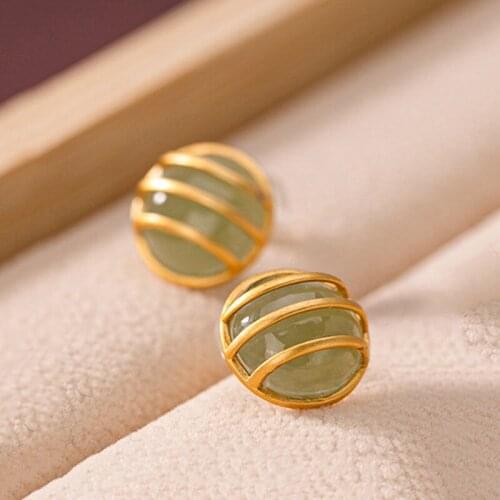 Natural Hetian Jade Gray Jade Stud Earrings Retro Personality and Minimalism Elegant S925 Sterling Silver Fu Character Stud Earr