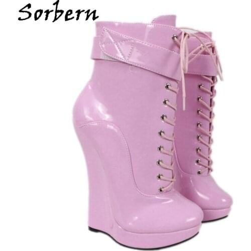 Sorbern Wedge High Heel Ankle Boots For Women Platform Shoes Ladies Round Toe Lace Up Women Shoes Size 44 Fashion Heels Boots