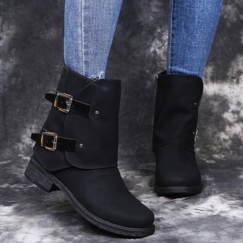 Womens Boots Retro Side Zipper Womens Leather Boots Buckle Ankle Boots Women Female Slope Heel Casual Platform shoes