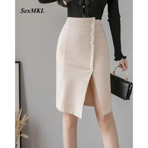Women Knee Length Bodycon Skirts 2020 Fashion High Waist Black Pencil Skirt Women Korean Clothes Winter Elegant Office Skirt