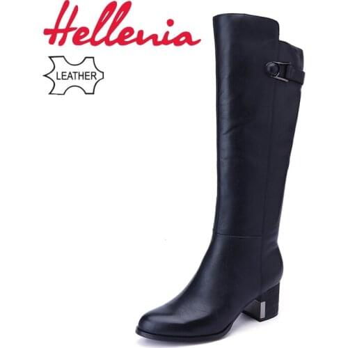 Hellenia New 2018 Genuine Leather Women Long Boots Spring Winter Fashion short long Plush Plus Big Size shoes Low Heel shoe