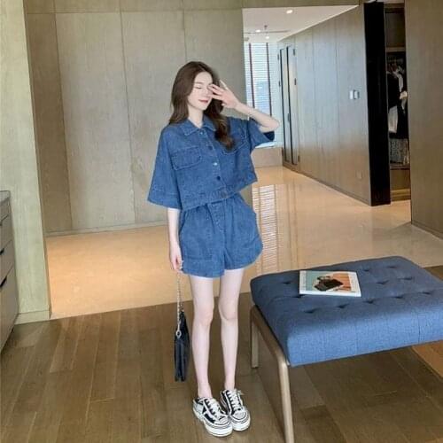 2021 New Summer Womens Suit Korean Loose Denim Jacket Short Pants Two Piece Sets Jean Jackets for Women Short Sleeve Coat Pants