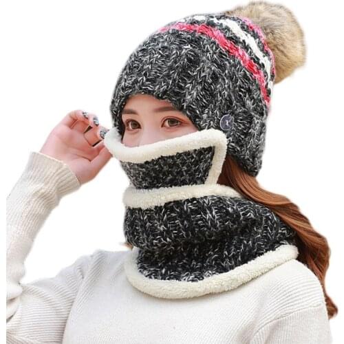 Women 3Pcs Set Pompom Beanie Hat with Scarf Mouth Mask Warm Plush Lined Knit Cap