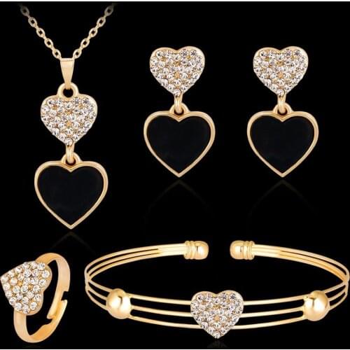 Fashion Ladies Vintage Black Heart Pendant Necklace Earrings Ring Bracelet Jewelry Set Crystal Heart Jewelry Wedding Gift