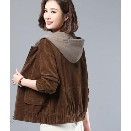 Corduroy short Joker hooded loose coat women 2020 Spring and Autumn New Korean plus size womens thin coat