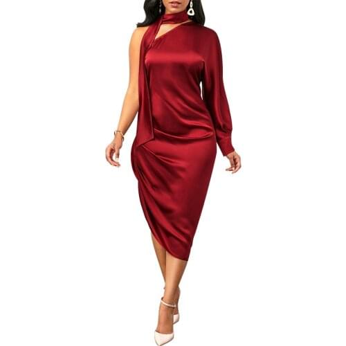 European Style Summer Women Vintage Solid Shirring Asymmetrical Party Dress Sexy One-shoulder Elegant Slim Dress Vestidos