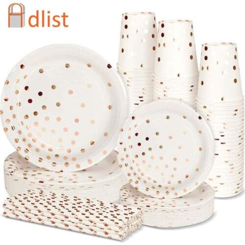200pcs Gold Dot Disposable Tableware set Wedding Party Gold Metallic Foil Paper Plates Cups Dinner Plates Dessert Tray Kitchen