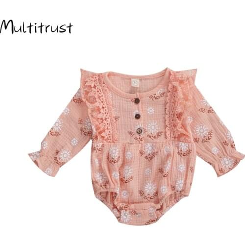 2020 0-18M Lovely Infant Baby Floral Romper Cotton Linen Clothes Lace Long Sleeve Jumpsuit Playsuit