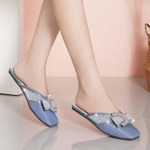 2021 Luxury Design Spring Summer Women Flat Heels Slippers Fashion Rhinestone Squared Toes Bow Tie Slippers Plus Size 35-42