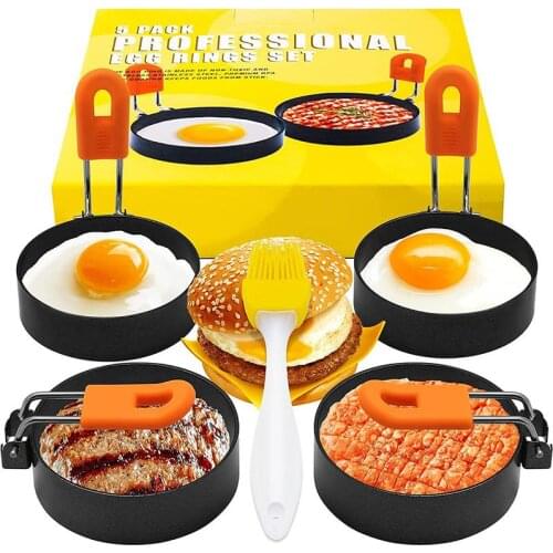 5pcs Stainless Steel Fried Egg Shaper Mould With Silicone Handle Round Omelette Mold Nonstick Egg Pancake Cooking Kitchen Tool