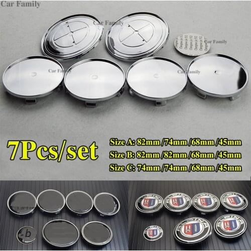 7pcs/set 45mm Auto Car Steering Wheel Decal Front Badge 82mm Rear Emblem 74mm Car Wheel Hub Cap 68mm Black Blue White Carbon