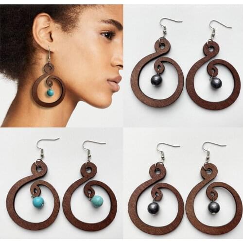 Free Shipping Turquoise Bead Curve Wood Drop Earrings for Women 2021 New Fashion African Retro Jewelry Wholesale