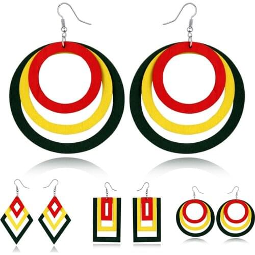 Square Big Natural Wood Multilayer 1Pair Geometric Rectangle Indian Hollow Africa Circle Wooden Round Drop Earrings Gifts