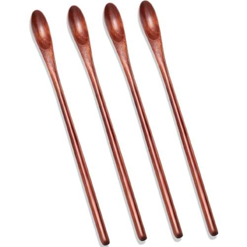 Wood Iced Tea Spoons Small Stirring Spoon Long Handle Cocktail Spoons Wood Wooden Coffee Mixing Spoons 4 Pieces