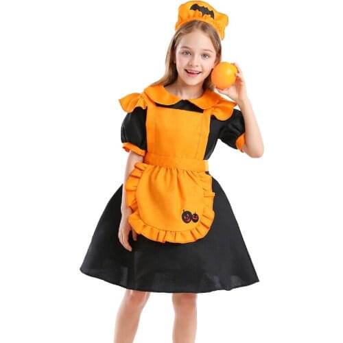 Girl Lovely Pumpkin Witch Costume Jack-O-Lantern Maid Cosplay Carnival Halloween Fancy Party Dress